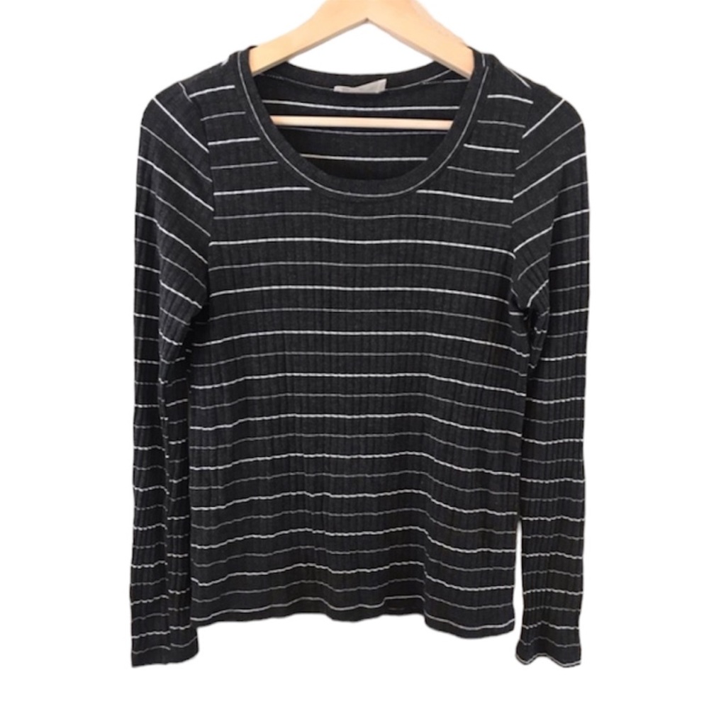 Everly Gray White Ribbed Striped Stretch Fabric Long Sleeve Top